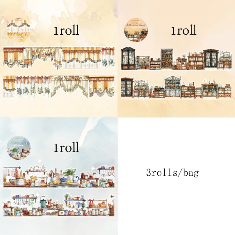 Mr Paper 3rolls/bag Long Life Series White Ink Shaped Tape Masking Tape Handmade DIY Glasses Journal Photo Frame