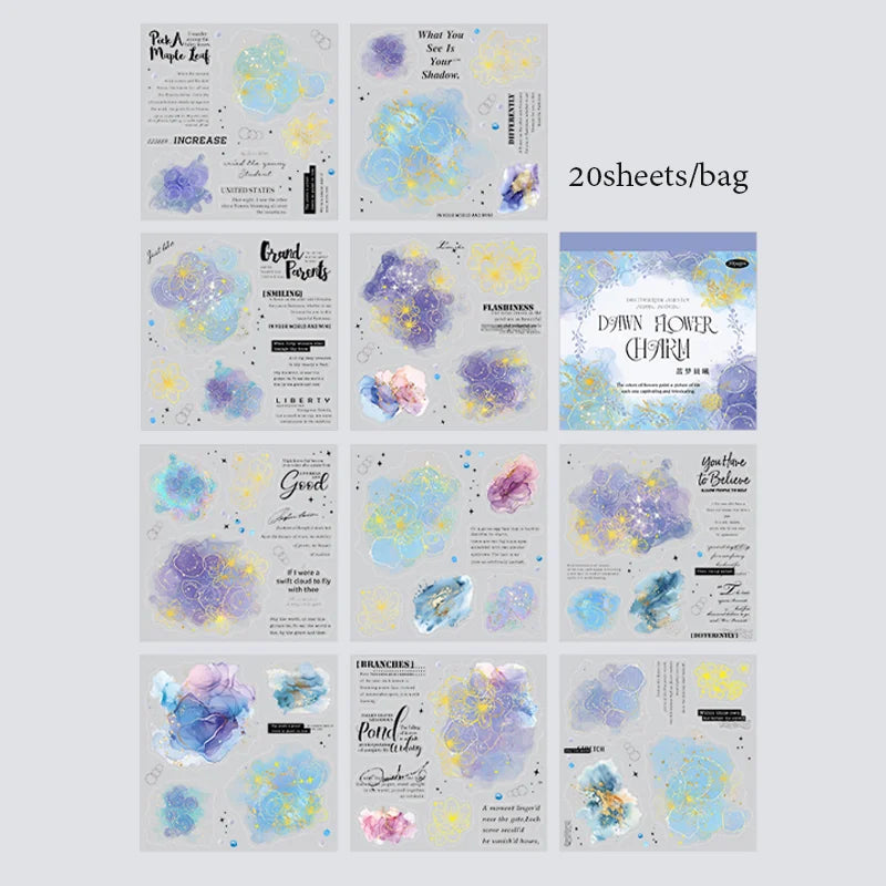 Mr Paper 20Pcs/bag Flower Watercolour Dyeing Foil Stamping Die-cut Sticker Book DIY Handbook Photo Frame Album Calendar