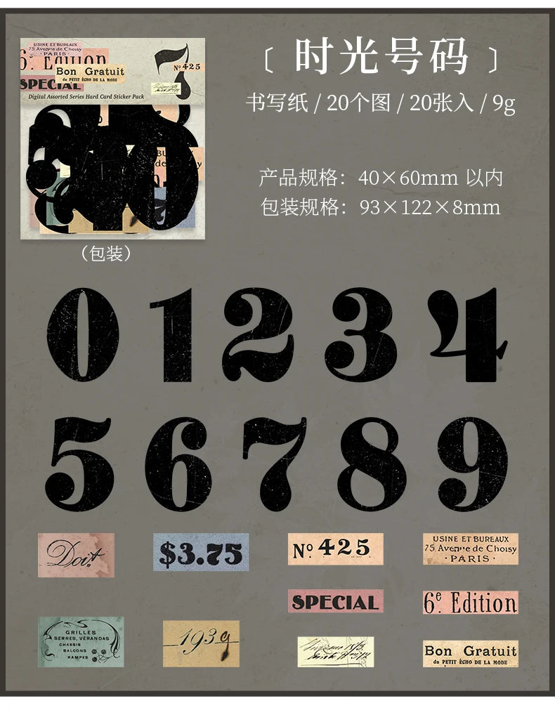 Journal GO 20pcs Creative Hard Card Vintage Numbers Stickers for Photo Frame Scrapbooking Journaling diy Retro Number Sticker
