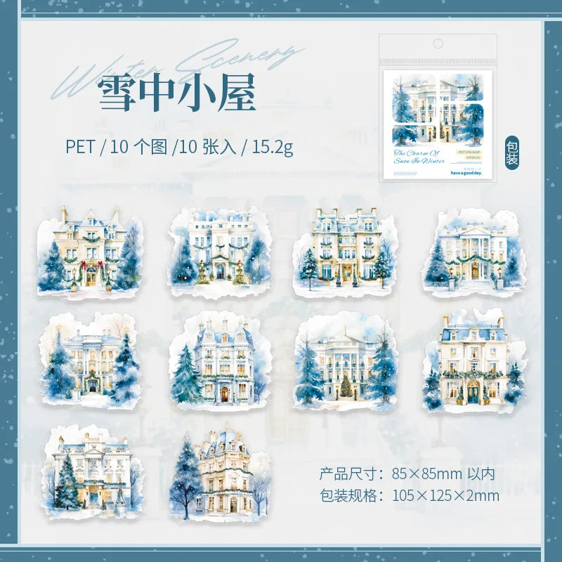 Mr. Paper, 10pcs/pack, Winter Landscape Large-sized PET Stickers, Decorative Collage Scrapbook, Photo Frame, Phone Case,notebook