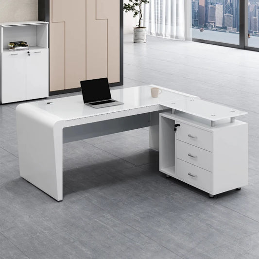L Shaped White Office Desk Modern Luxury Home Office Workstation Furniture Large Spacious Desktop With Drawers Computer Desk  bo