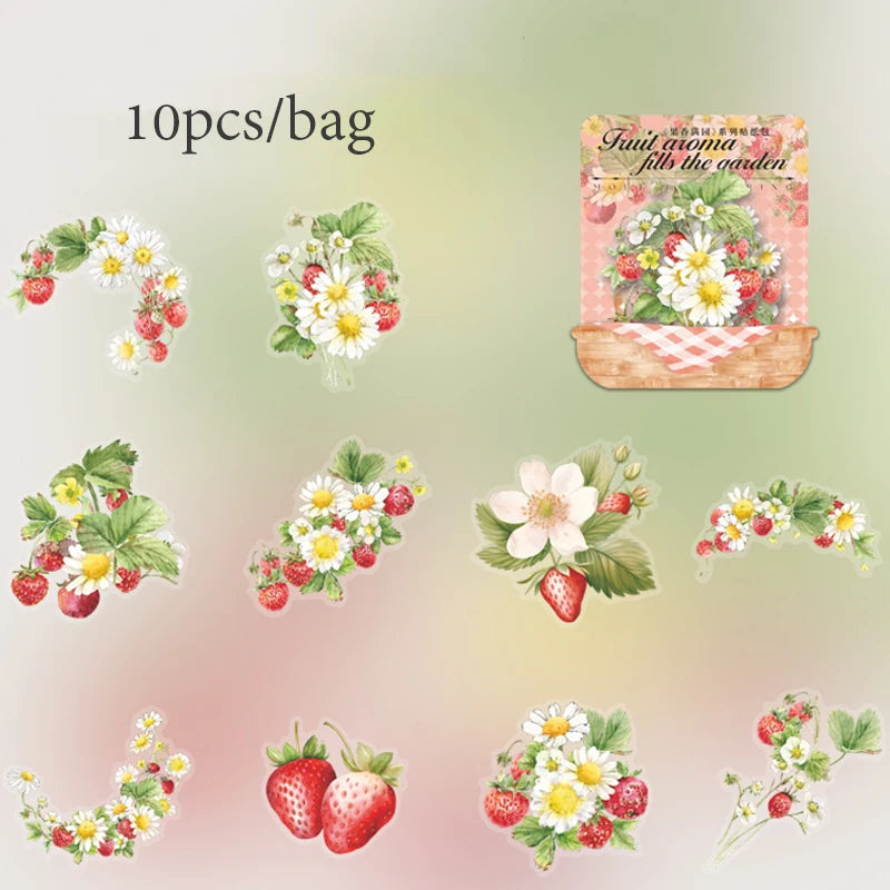 Mr. Paper10pcs/pack Strawberry PET Sticker Pack Fruit Sticker Decoration Scrapbook Photo Frame phone Case laptop Phone Case Gift