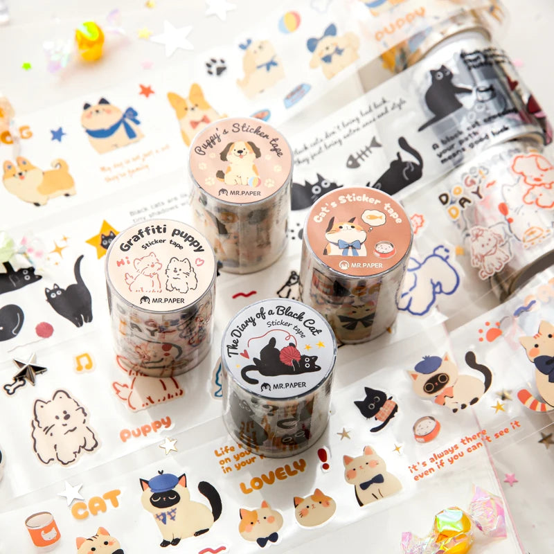 Mr Paper 2rolls/bag kawaii cat and dog diary series tape cute style handbook tape DIY diary photo frame phone case