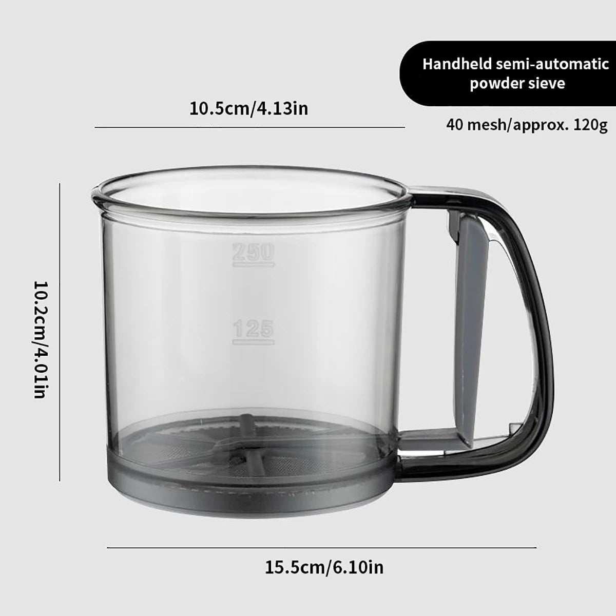 Kitchen baking, cake flour sieve, 40 mesh semi-automatic filter sieve, flour sieve with capacity scale