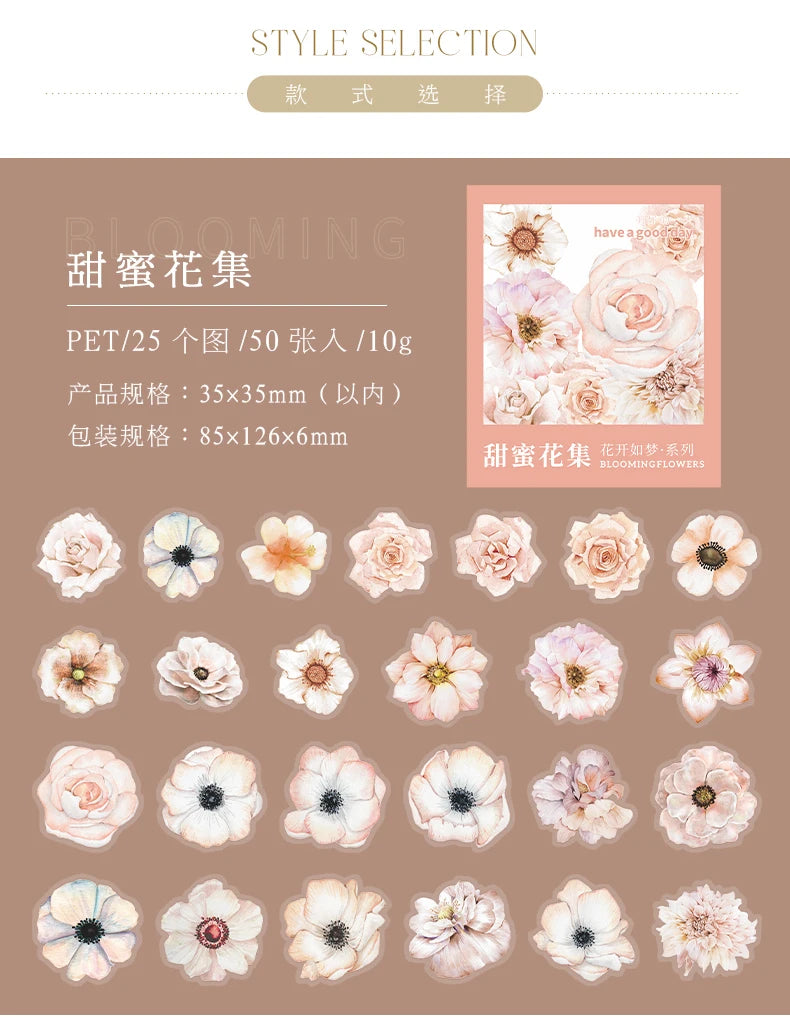Yoofun 50pcs/lot Creative PET Flower Stickers for Gift Card Photo Frame Journal Scrapbooking Decoration Label Stationery