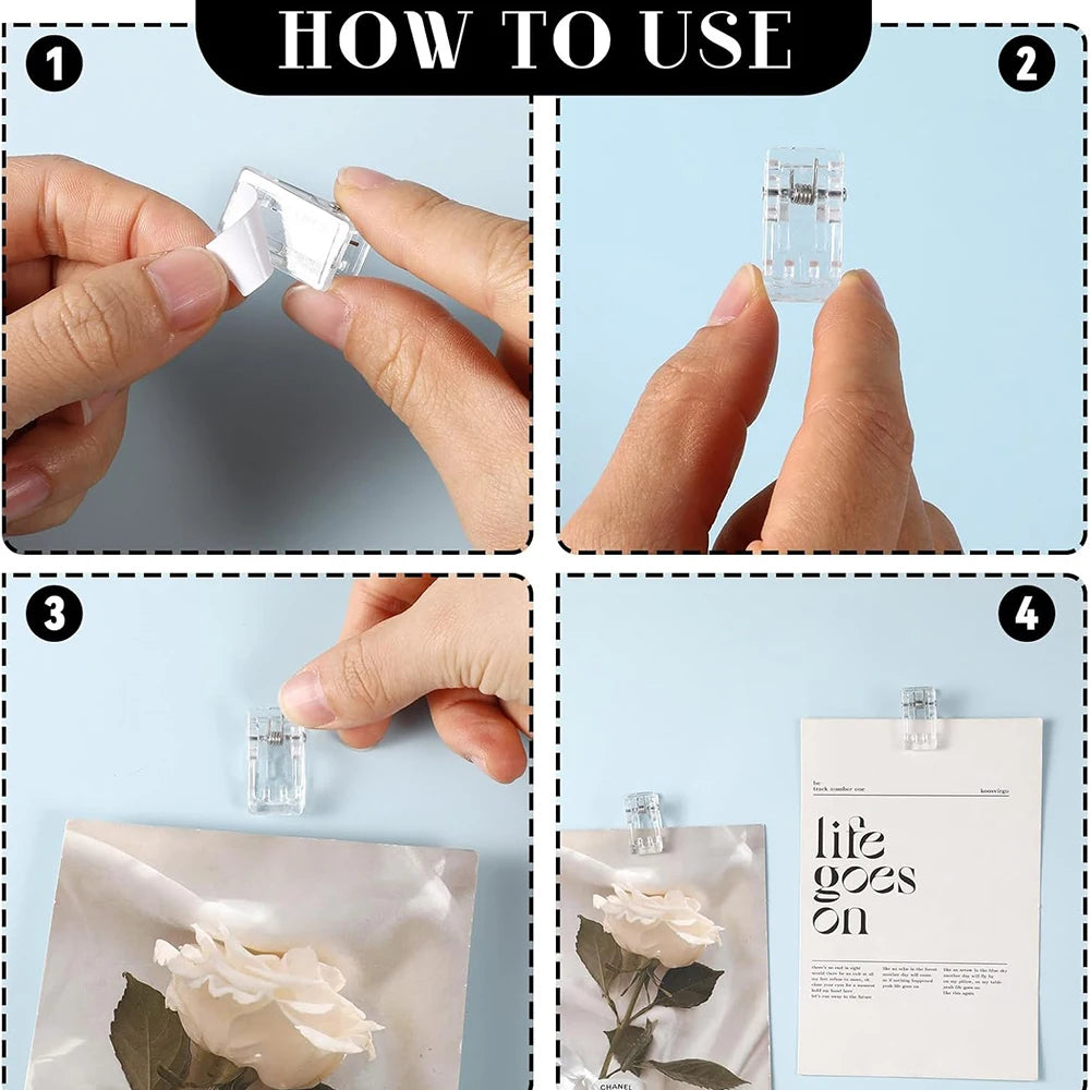 50PCS Self-adhesive Clip Plastic Transparent Wall Clip Poster Photo Wall Hanging Spring Clip Decorative Clip Multifunction Clip