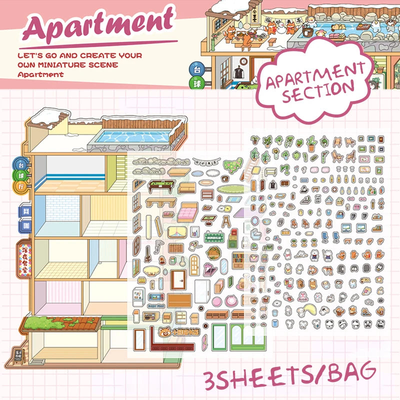 6Style 3Sheets/bag Fun World Stereoscopic Miniature PET Large Scenography Stickers DIY Handbook Scrapbook Photo Frame Notebook