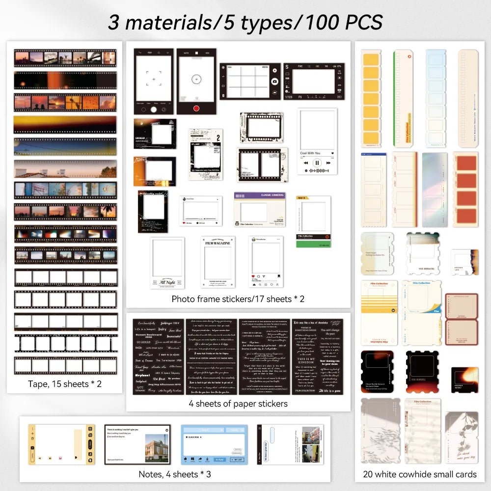 100 pcs/pack Vintage Movie Film Cards Notes And Stickers Set Pack For Scrapbook Kit Film Strip Photo Frame Journaling Supplies