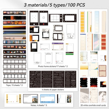 100 pcs/pack Vintage Movie Film Cards Notes And Stickers Set Pack For Scrapbook Kit Film Strip Photo Frame Journaling Supplies
