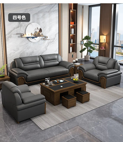Office Sofa Chinese Solid Wood Reception High-end Business Boss Leather Three-person Sofa Coffee Table Combination