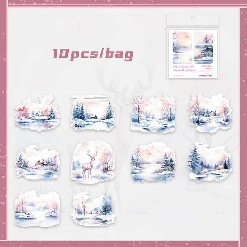 Mr. Paper 6Style 10Pcs/bag Winter Landscape Theme Large Size PET Stickers DIY Handbook Scrapbook Photo Frame Calendar Decoration
