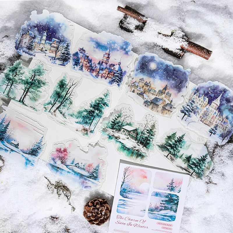 Mr. Paper, 10pcs/pack, Winter Landscape Large-sized PET Stickers, Decorative Collage Scrapbook, Photo Frame, Phone Case,notebook