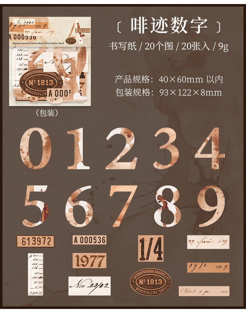 Journal GO 20pcs Creative Hard Card Vintage Numbers Stickers for Photo Frame Scrapbooking Journaling diy Retro Number Sticker